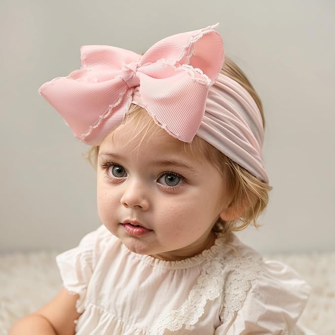 Baby Girl Soft Nylon Bow Elastic Headband Turban Toddler Infant Bow-knot Stretchy Hair Band Birthday Party Hair Bow Ribbon Accessories for Newborn Baby (Bow 1 - Pink, Elastic)