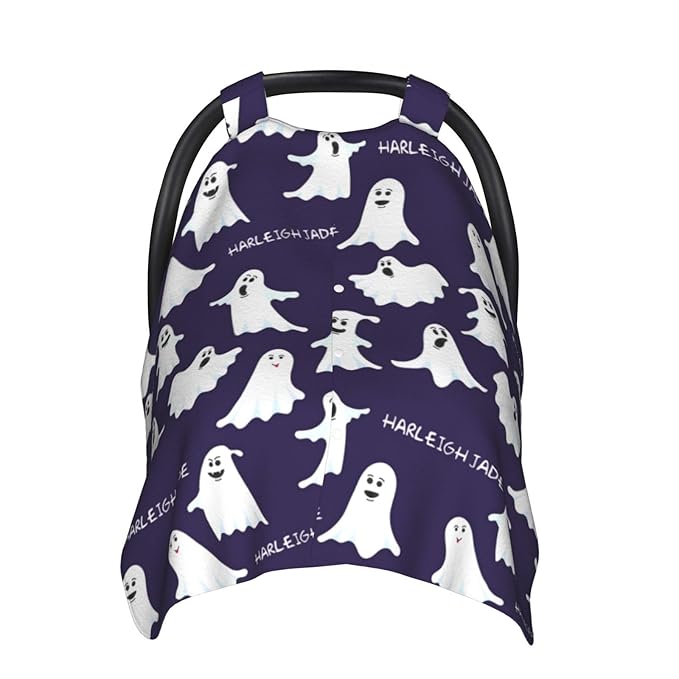 Personalized Baby Car Seat Canopy for Babies with Name, Custom Halloween Blue Ghost Stroller Car Seat Covers for Boys, Minky Nursing Carseat Cover for Breastfeeding, Car Seat Canopies for Newborn