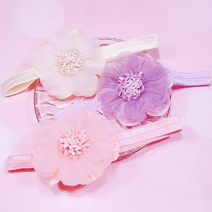 Large Flower Elastic headband for Baby Girl Infant Soft Fabric Chiffon Floral Hairband Toddler Newborn Christening Baptism Hair Accessories (Flower 5 - Pink, Elastic)