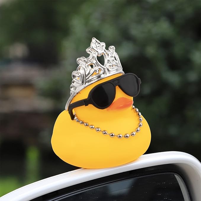 wonuu Car Duck Rubber Duck Car Ornaments Duck Car Dashboard Decorations with Cute Headband Swim Ring Necklace Sunglasses, C-Male Crown&Chain