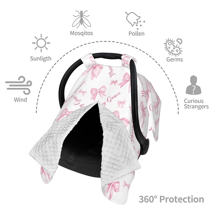 Custom Baby Car Seat Cover with Name – Personalized Pink Bows Nursing Cover, Infant Carseat Canopy, Shopping Cart Cover – Soft, Breathable & Warm – Ideal Shower Gift for Baby Girls