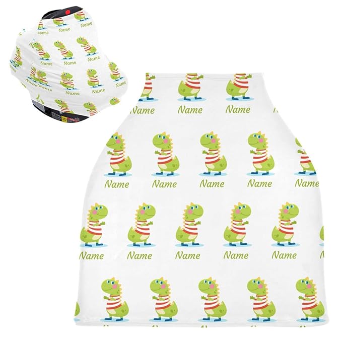 Personalized Cartoon Dinosaur Baby Car Seat Covers for Boys, Custom Carseat Canopy with Name, Nursing Cover Breastfeeding Scarf for Babies, Gift for Infant Newborn, Multiuse Stroller Cover