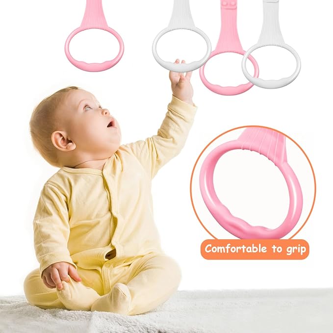 Homoyoyo 4 PCS Baby Pull up Rings: Baby Walking Exercises Assistant Rings,Play Gym Stand Up Assistant Bed -Infant to Stand Toys Crib Walking for Infant Toddler (Pink+White)