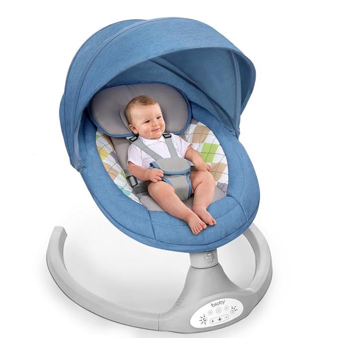 Bioby Baby Swing for Infants with 5 Natural Sway Speeds, Portable Bt Music Baby Swing with Remote Control & 5-Point Harness, Lightweight Baby Rocker for 5-20 Lb,0-12 Months Blue