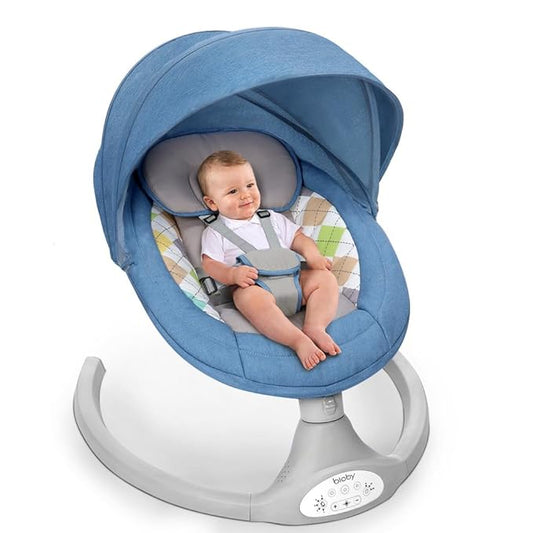 Bioby Baby Swing for Infants with 5 Natural Sway Speeds, Portable Bt Music Baby Swing with Remote Control & 5-Point Harness, Lightweight Baby Rocker for 5-20 Lb,0-12 Months Blue