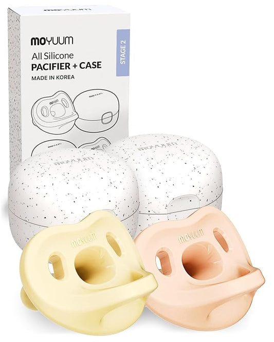 Moyuum Silicone Macaron Pacifier | Made in Korea, BPA Free One-Piece Design Baby Soother, Soft Orthodontic Shape with Air Holes, 2 Pack with Travel Case, Babies 3-6 Months (Yellow + Pink, Stage 2)