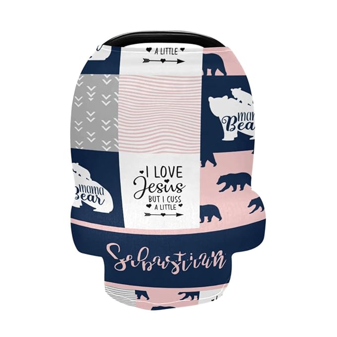 Personalized Baby Car Seat Cover for Girls Boys, Custom Woodland Bear Nursing Covers for Breastfeeding, Customized Infant Stroller Canopy, Baby Carseat Cover for Newborn, Car Seat Canopies