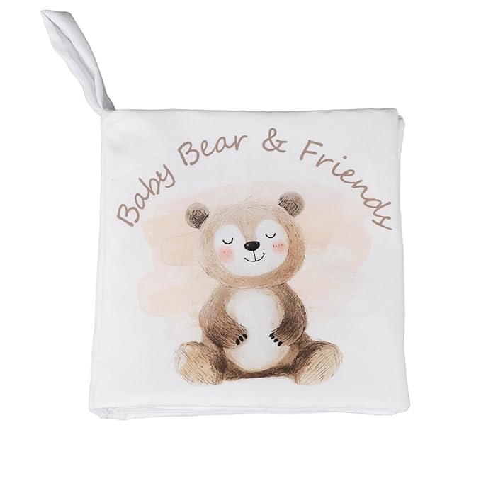 Ali+Oli Baby Cloth Book – Soft Sensory Crinkle Book with Teether for Infants 0-12 Months – Early Learning Touch & Feel Tummy Time Toy – Newborn Shower Gift for Boys & Girls - Bear Friends