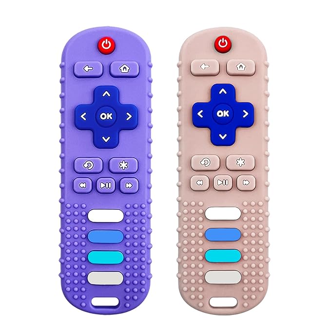 ROBBEAR Baby Teething Toys, Food Grade Silicone Teether for Babies 3 6 12 18 Months, TV Remote Shape Toddlers Chew Toys, Freezer BPA Free (Purple+Khaki)