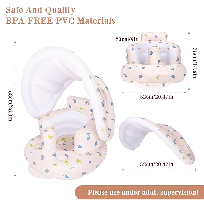 AirSwim Inflatable Baby Seat with Detachable Canopy and Built-in Pump, Inflatable Baby Chair for Babies 3 Months and Up, Sit Me Up Chair for Outdoor Indoor, Bumbo Seat for Infants, Whale