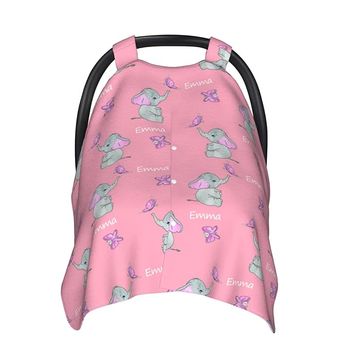 Personalized Elephant and Butterfly Pink Baby Infant Car Seats Canopy with Name, Custom Car Seat Covers for Baby Girls, Minky Nursing Breastfeeding Stroller Canopies for Newborn