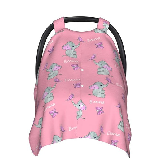 Personalized Elephant and Butterfly Pink Baby Infant Car Seats Canopy with Name, Custom Car Seat Covers for Baby Girls, Minky Nursing Breastfeeding Stroller Canopies for Newborn