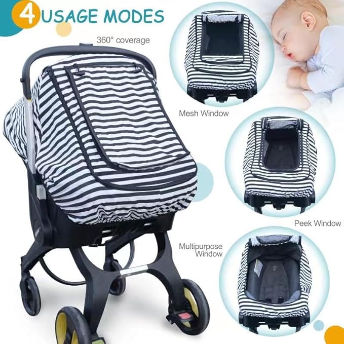 Car Seat Covers for Babies,Baby Car Seat Cover for Boys Girls,Windproof Infant Carseat Cover,Kick-Proof Car Seat Canopy with Breathable Mesh Peep Window(Black Stripe)