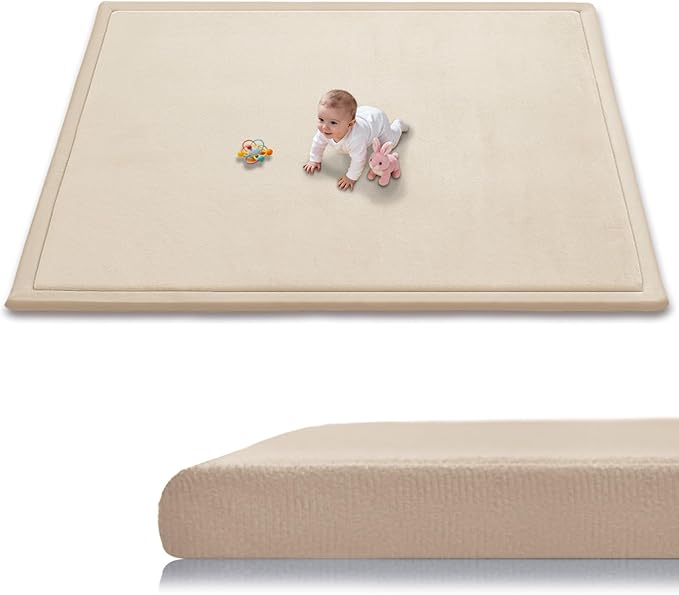 Baby Play Mat for Floor, 1.3 Inch Thick Memory Foam Tummy Time Mat with Non Slip Backing, Soft Coral Velvet 59X79 Inch Playpen Mat Crawling Tatami for Infants Toddlers Kids, Beige