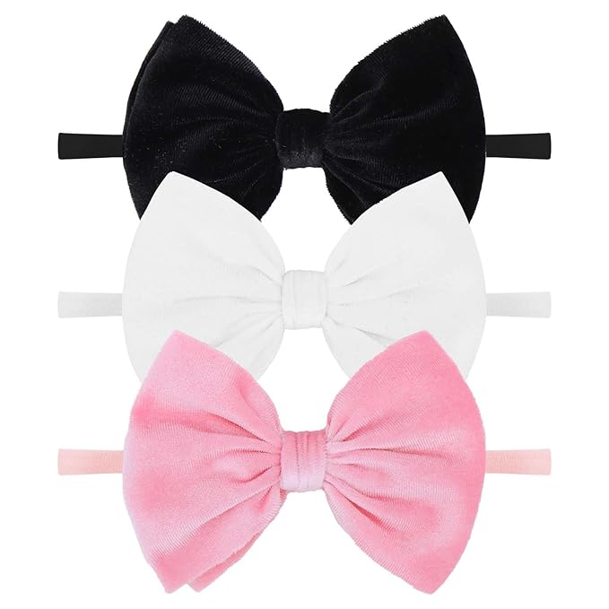 YanJie Newborn Velvet Nylon Soft Elastics Bows Hairbands and Hair Accessories for Infants, Toddlers, Child (Black White Pink)