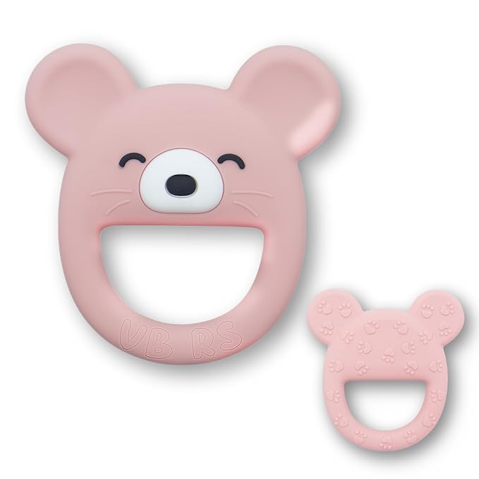 Baby Teether, Safe Chew Toy for Infants, Soothing Relief for Teething Pain, Cute Animal Shape, Easy Grip for Tiny Hands (Pink Mouse)