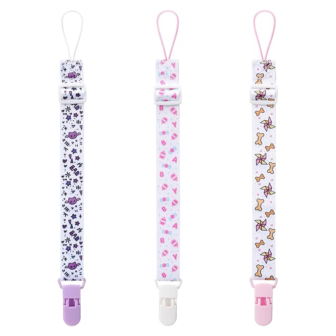 Cute Adult Pacifier Clips: Pacifier Holder Clip with Convenient Hook Loop - Bad Rock Bunny & Rabbit Windmill Puppy - 17 Inch Long 3 Pack Set