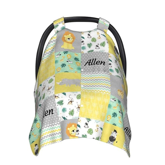 Personalized Zoo Animals Plaid Baby Infant Car Seats Canopy for Babies with Name, Custom Multi-use Blankets for Baby Boys Girls, Peekaboo Minky Nursing Breastfeeding Cover Canopies for Newborn