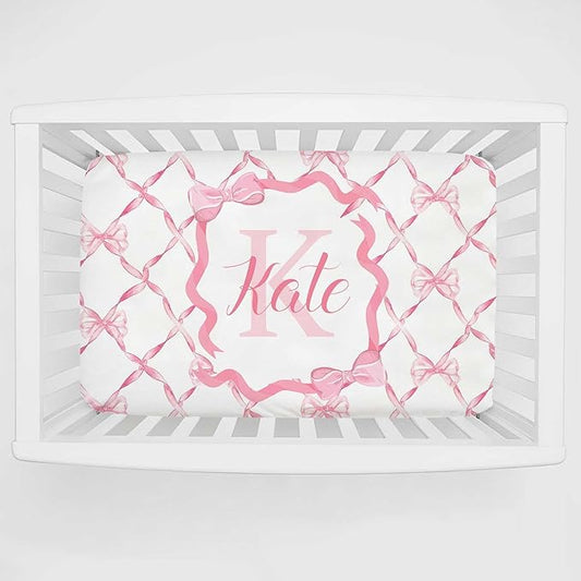 Personalized Mini Crib Sheets with Name, Custom Name Baby Pack and Play Sheets for Girls, Name Pack n Play, Customized Soft Fitted Sheet with Name (Pink Bow), 39x27x5 Inch