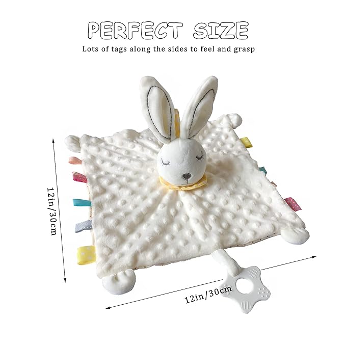 Lovey Bunny Security Blanket for Baby Girls Boys Soft Plush Stuffed Animal Blanket with Crinkle in Ear Infant Tags Security Blanket Taggy Rattle Toys Soothing Sensory Teether Toy Great Shower Gift