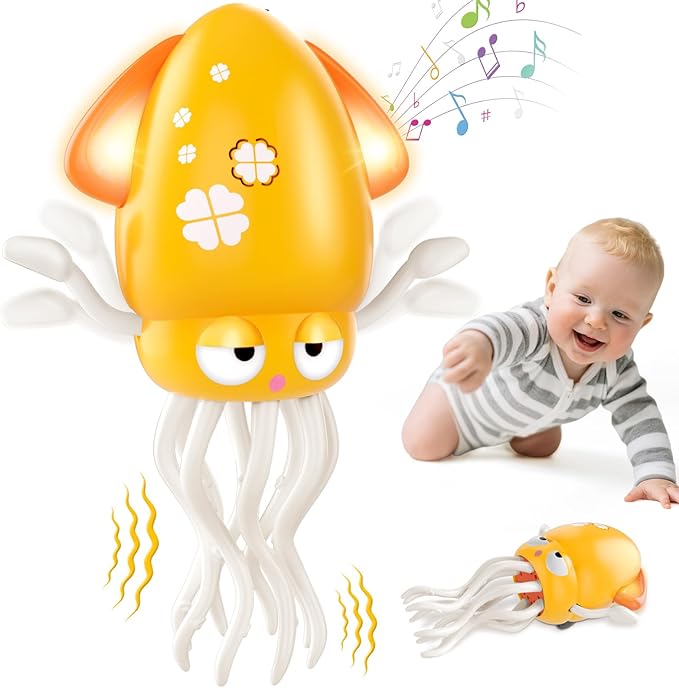 AOTIBO Baby Dancing Octopus Toy for 1 2 3 4 5 Year Old Boy Girl, Baby Tummy Time Electric Crawling Octopus Toys 12-18 Months, Dancing Squid Toy for Walking Toddlers, Kids 1st Birthday Gifts, Yellow