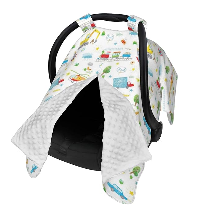 Personalized Trucks and Planes Baby Infant Car Seats Canopy for Babies with Name, Vehicle Theme Lightweight Covers for Baby Boys Girls, Minky Nursing Breastfeeding Stroller Cover for Newborn