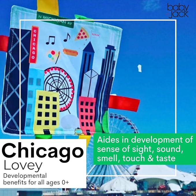 Baby Jack & Co 8x8” Learning Lovey Chicago Illinois Tag Toys for Babies - Baby Crinkle Toys - Soft & Safe - Learn USA Cities and Shapes - Ideal Baby Toy & Gift BPA Free w/Stroller Clip