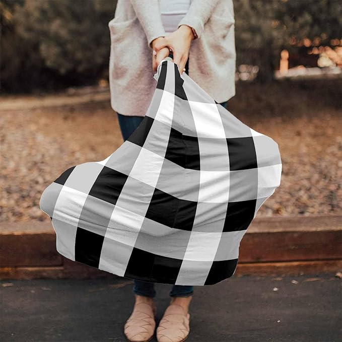 Black White Car Seat Covers for Babies, Buffalo Plaid Grey Check Lattice Geometric Nursing Breastfeeding Covers Stretchy Breathable Baby Carseat Canopy Cover for Girls and Boys Shower Gifts