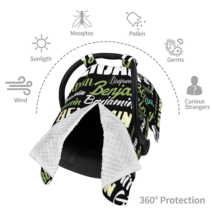 Personalized Baby Car Seat Canopy for Boys Girls, Custom Name, Black, Minky, Water Resistant, Universal Fit