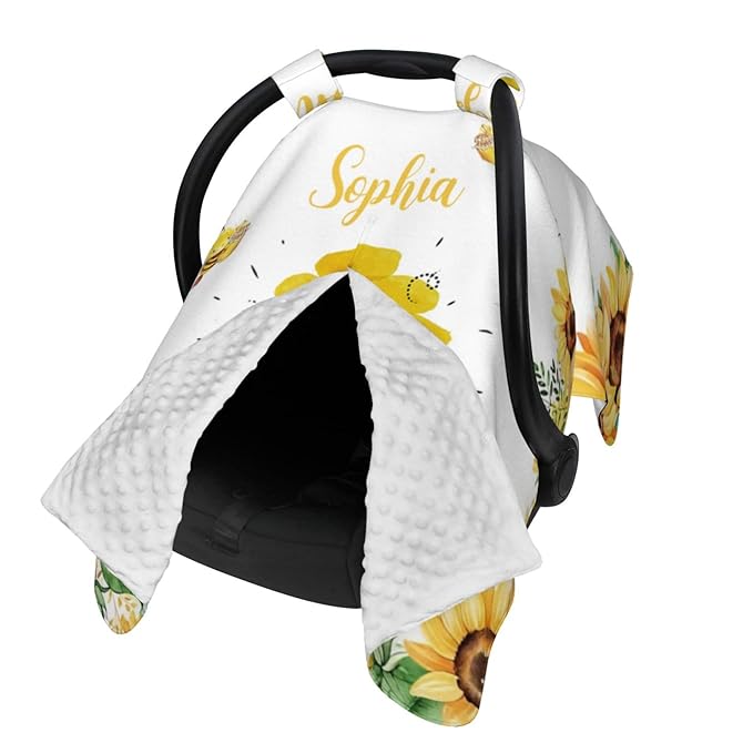 Personalized Baby Car Seat Canopy, Custom Name, Sunflower Bee, Water Resistant, Universal Fit, Polyester, Car Seat Canopy Cover