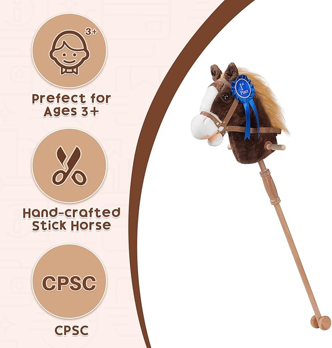 HollyHOME Stick Horse Plush with Detachable Blue Ribbon Champion Hobby Horse on Stick with Wood Wheels Real Pony Neighing for Kids Toddlers Chocolate 36 Inches(AA Batteries Required)