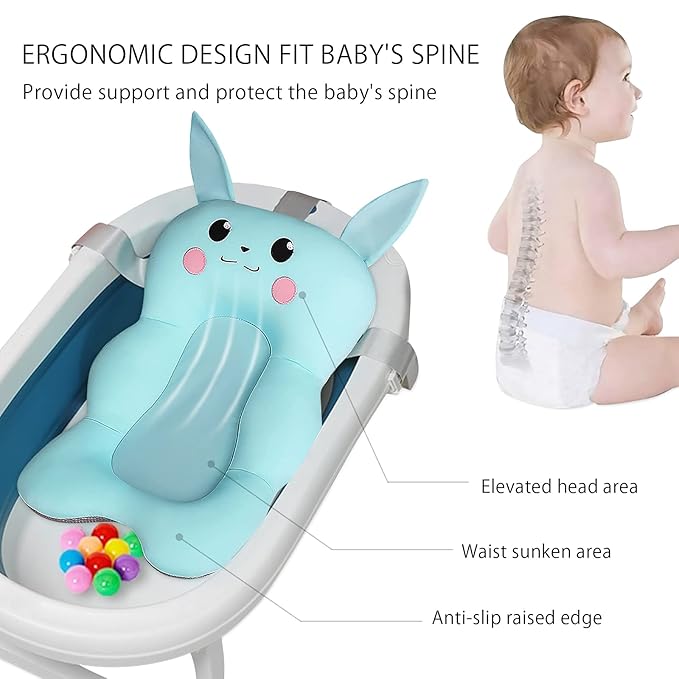 SONARIN Baby Bath Pad,Non-Slip Baby Bath Cushion Mat Infant Floating Bathtub Pad Newborn Bath Tub Seat Mat Soft Bath Pillow for Tub Adjustable Baby Shower Support Seat for Baby 0-12 Months(Blue)