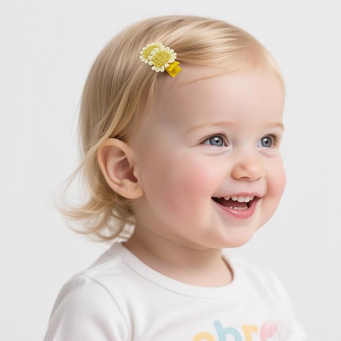 5Pcs Baby Hair Clips for Girls Toddler, 4 Snap Clips + 1 Fully Wrapped Alligator Clip, Soft Creamy Yellow Floral Set with Faux Pearl, Non Slip Toddler Hair Clips Safe for Newborn Infants