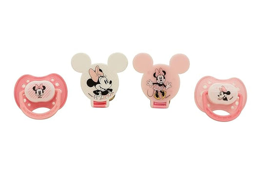 Disney Cudlie Minnie Mouse Baby Girl 4 Pack of 2 Pacifiers & 2 Clips with Sugar & Spice Print