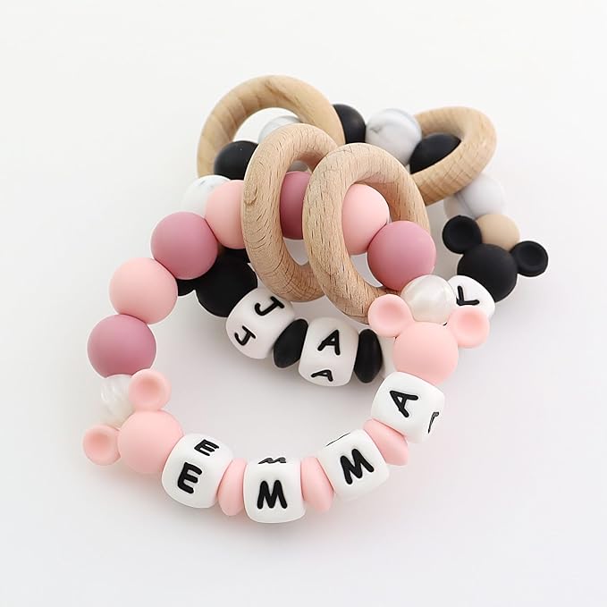 Personalized Baby Teether Rattle with Name - Custom Wooden Teething Toy for Boys & Girls - Handmade Mouse Keepsake Baby Shower Gift (Black)