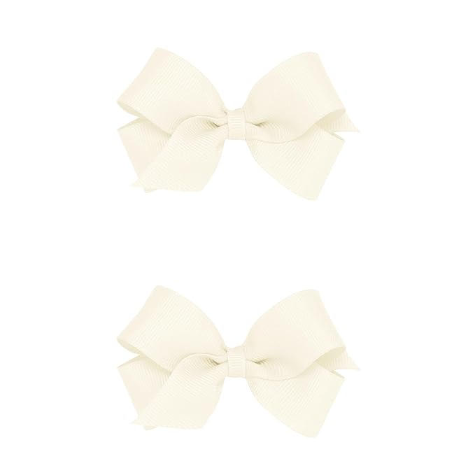 Wee Ones Girls 2 Pack Grosgrain Hair Bows with Plain Wrap Centre on a Wee Stay No Slip Clip, Mini, Antique White