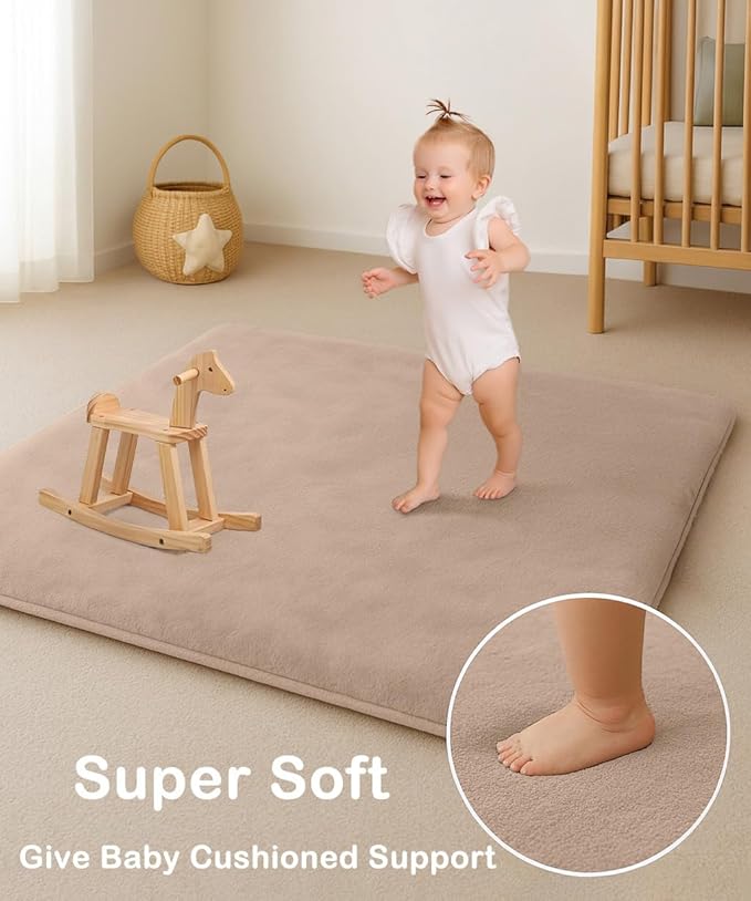 Thick Padded Baby Floor Play Mat 1.2" Cushioned Velvet Surface Non Slip Bottom High Density Foam Safe and Soft Floor Mat for Infants Toddlers and Playpen Use (Lightbrown, 71X 59)