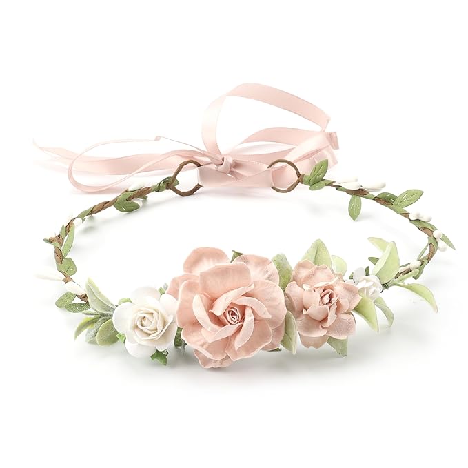 Flower Girl Flower Crown Pink Baby Girls Floral Headpieces Kids Headband Children Hair Wreath Photo Prop (Blush & White-Child Size)