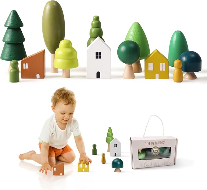 Promise Babe Wooden Tree Toys - Montessori Wooden Blocks Stacking Toys for Toddlers, Miniature Trees & House Various Sizes Woodland Creative Craft Home Decor