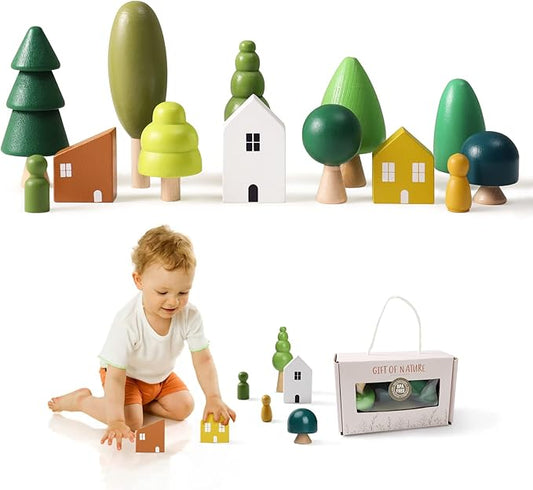 Promise Babe Wooden Tree Toys - Montessori Wooden Blocks Stacking Toys for Toddlers, Miniature Trees & House Various Sizes Woodland Creative Craft Home Decor