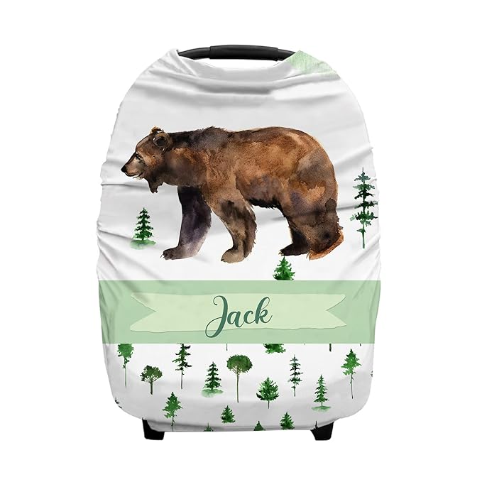 Personalized Baby Car Seat Cover for Boys Girls, Custom Nursing Covers for Breastfeeding with Name, Infant Stroller Cover, Baby Carseat Canopy for Newborn, Multiuse Car Seat Canopies, Woodland Bear