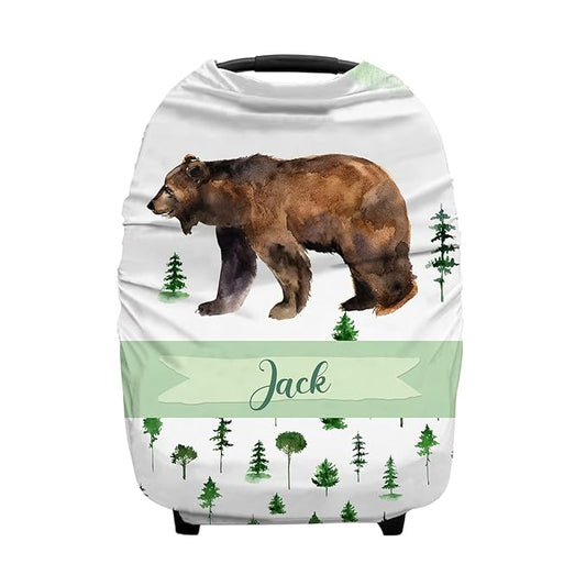 Personalized Baby Car Seat Cover for Boys Girls, Custom Nursing Covers for Breastfeeding with Name, Infant Stroller Cover, Baby Carseat Canopy for Newborn, Multiuse Car Seat Canopies, Woodland Bear