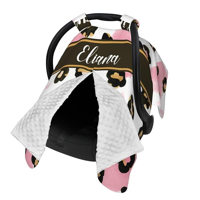 Custom Baby Car Seat Cover with Name – Personalized Leopard Print Nursing Cover, Infant Carseat Canopy, Shopping Cart Cover – Soft, Breathable & Warm – Ideal Shower Gift for Baby Girls