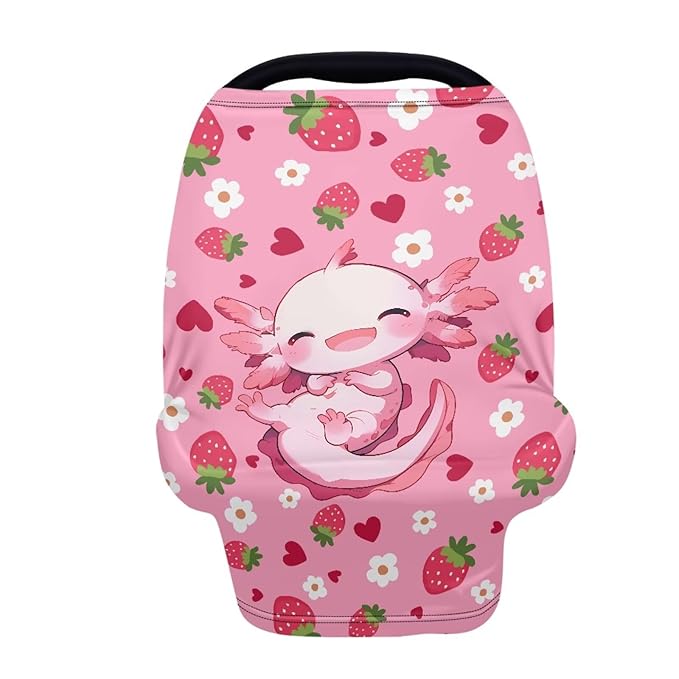 Axolotl Car Seat Covers Canopy Cover - Multi-use Cover Pink Strawberry Carseat Canopy, Breathable Breastfeeding Cover, Reusable Car Seat Covers for Bbies