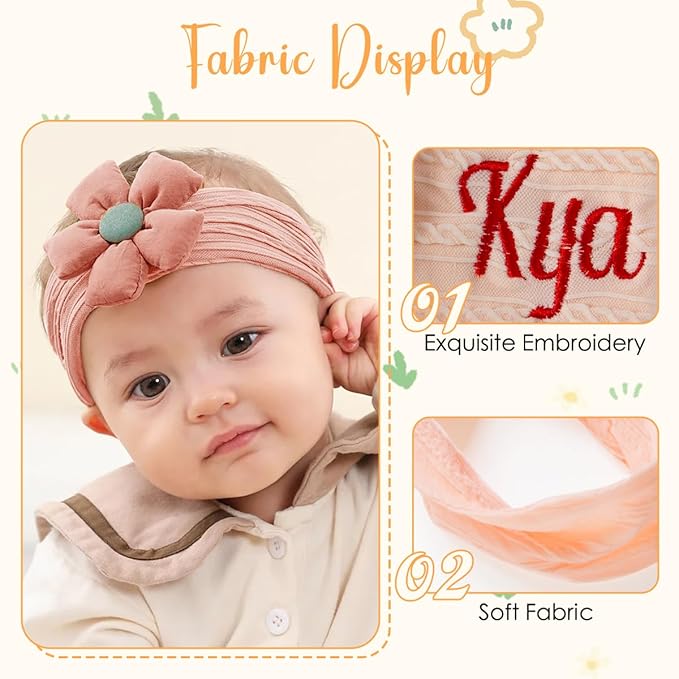 Ulico Personalized Girls Headband with Name, Custom Baby Girls Embroidered Headbands with Flower