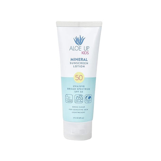 Aloe Up Kids Mineral Sunscreen SPF 50 – Broad Spectrum Protection for Face & Body – Gen2 Zinc Oxide & Aloe Vera Gel – Reef Friendly, Water Resistant 80 Minutes – Fragrance-Free – 3 Oz