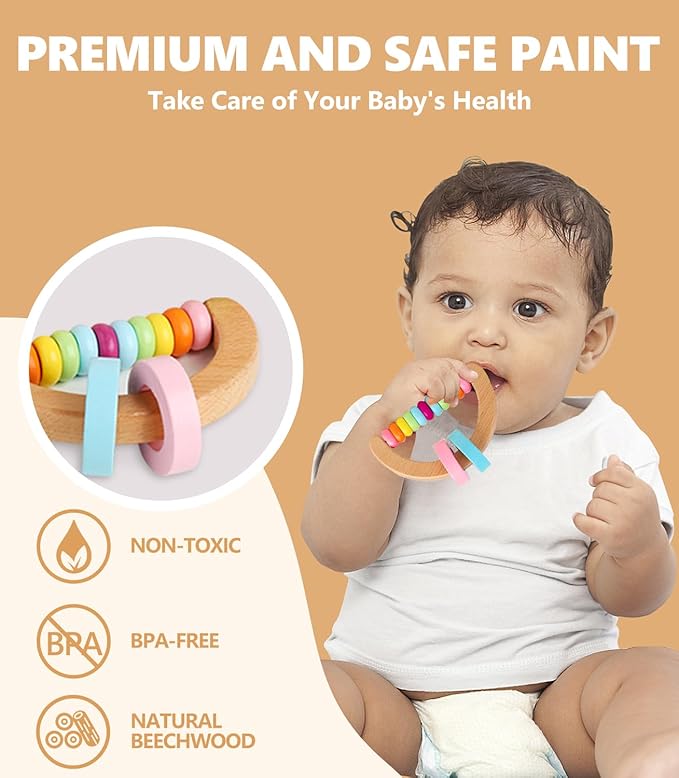 4 PCS Wooden Baby Rattle, Organic Colorful Baby Rattles Set, Wood Rattles for Babies 0-6-12 Months, Wooden Teether Crochet Rattle Toy for Infant Newborn,Montessori Toys for Babies 0-6 Months