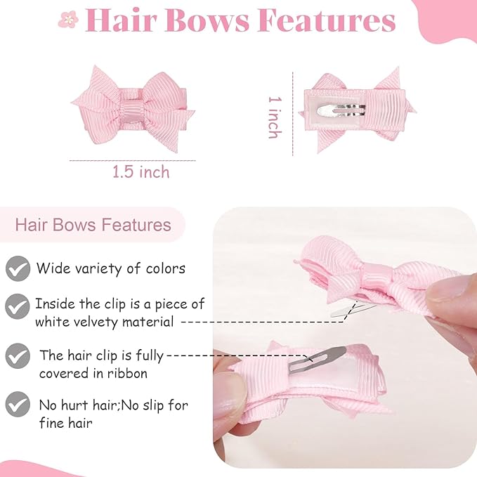 CÉLLOT 40Pcs Baby Snap Hair Clips Grosgrain Ribbon Tiny Baby Bows in 20 Colors for Infant Toddlers Fine Thin Hair (Dovetail Style)