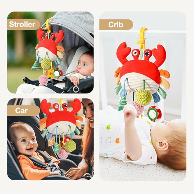 Crab Car Seat & Stroller Toy for Babies 0-12 Months, Sensory Hanging Toy with Rattle, Mirror, Squeaker, BPA-Free Pull Strings, Fine Motor Skills Baby for Newborn Infant Boy Girl