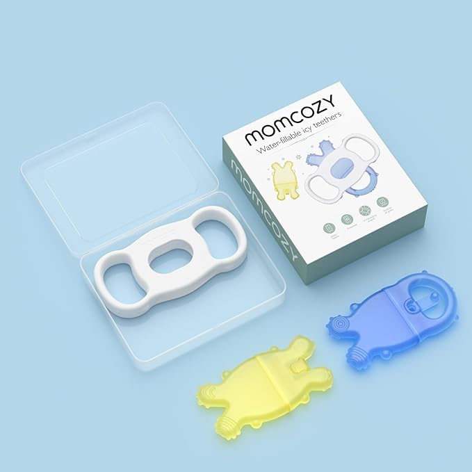 Momcozy Baby Teether Toys | Food Grade Silicone Teething Relief 0-6 Months | Toy 6-12 Months | Baby Essential | Yellow and Blue